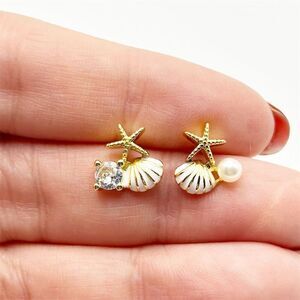Dainty Seashell Starfish Stud Earrings Rhinestone Faux Pearl Beach Ocean Fun